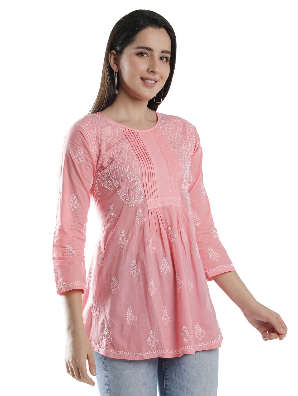 peach chikankari a-line kurti - 18303803 - Standard Image - 2