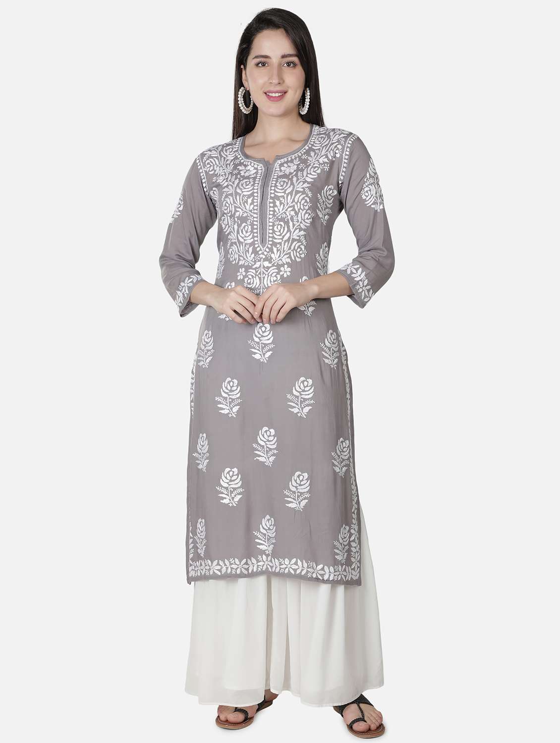 grey chikankari straight kurta