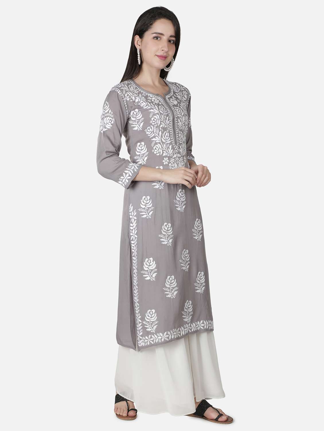 grey chikankari straight kurta - 18304822 -  Standard Image - 2