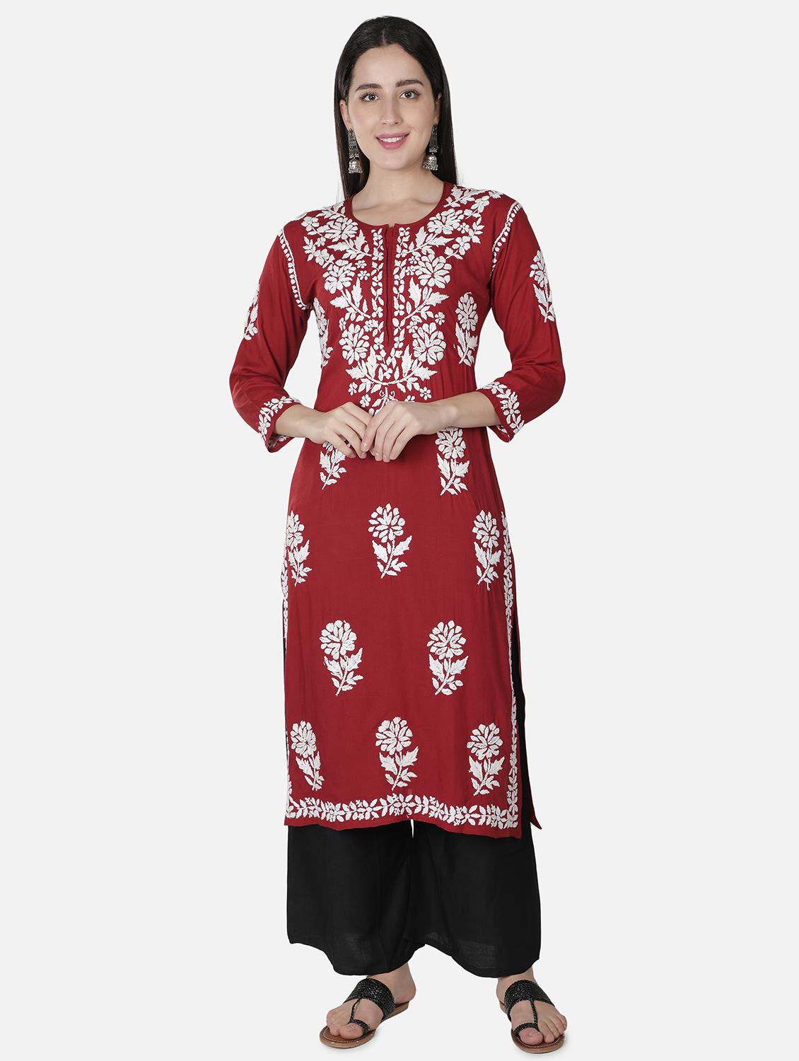 maroon chikankari straight kurta - 18304826 -  Zoom Image - 0