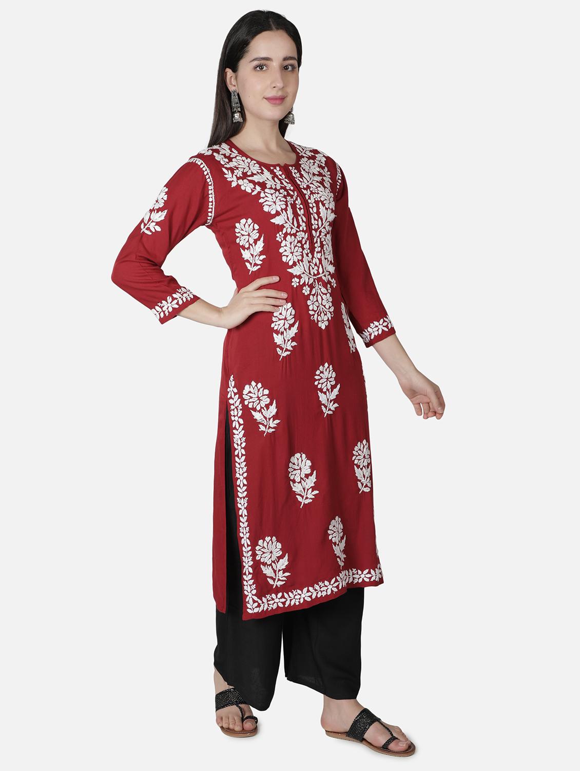 maroon chikankari straight kurta - 18304826 - Standard Image - 2