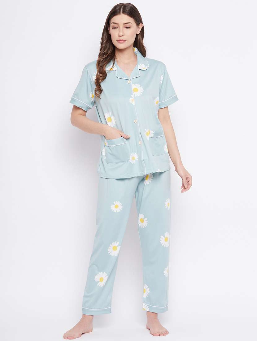 shirt collar printed nightwear pajama set