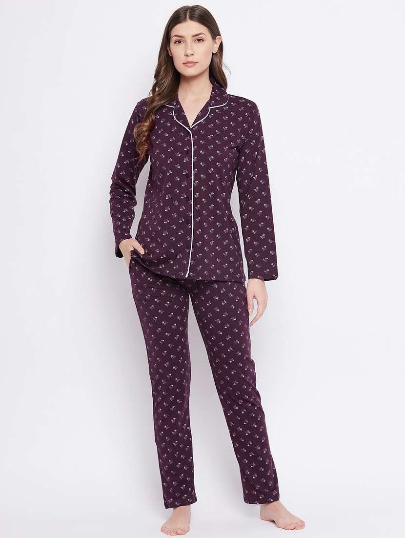 shirt collar printed nightwear pajama set