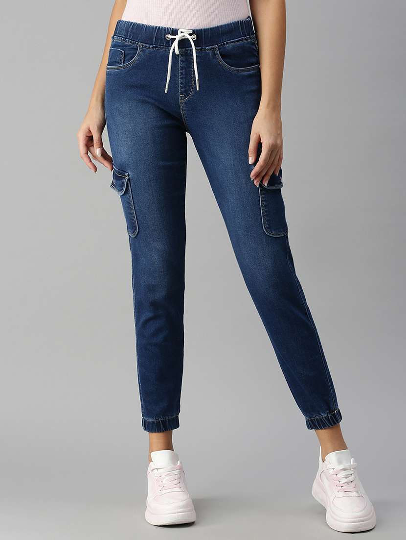 high rise solid denim jogger