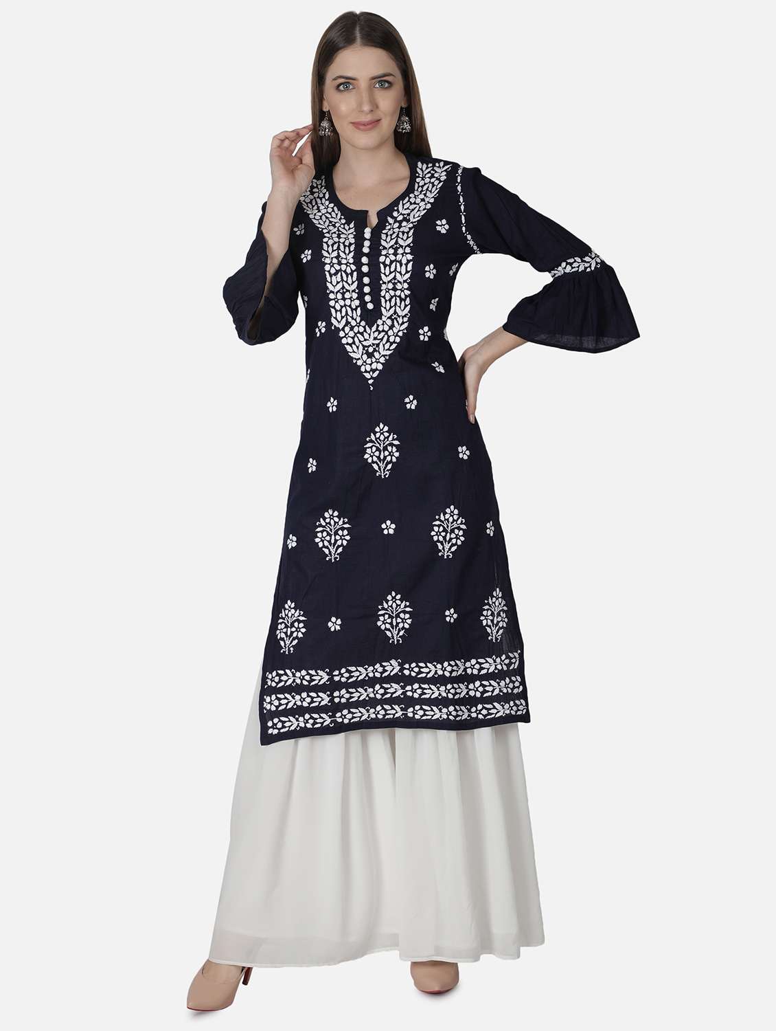 navy chikankari straight kurta