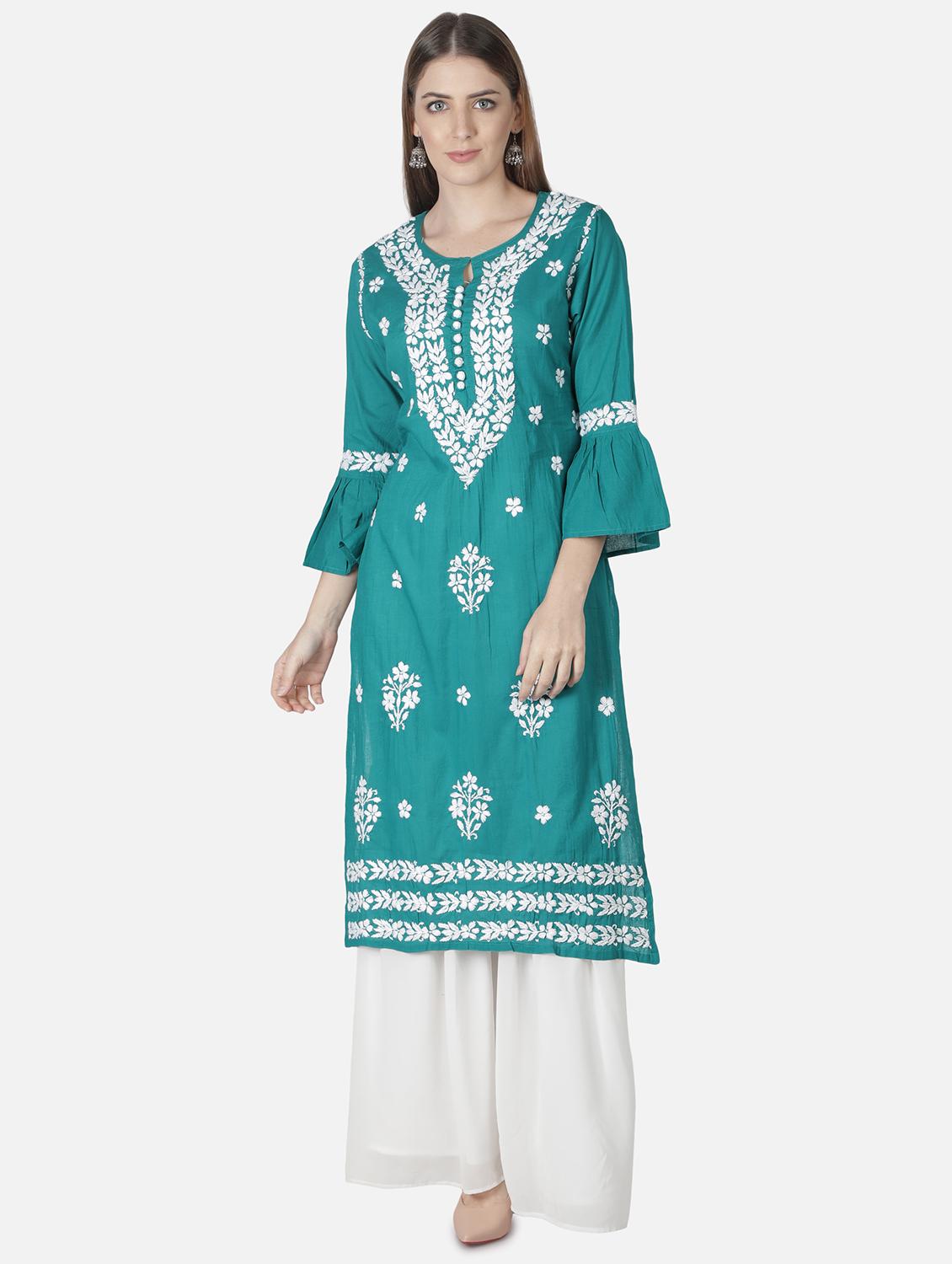green chikankari straight kurta - 18306955 - Zoom Image - 0