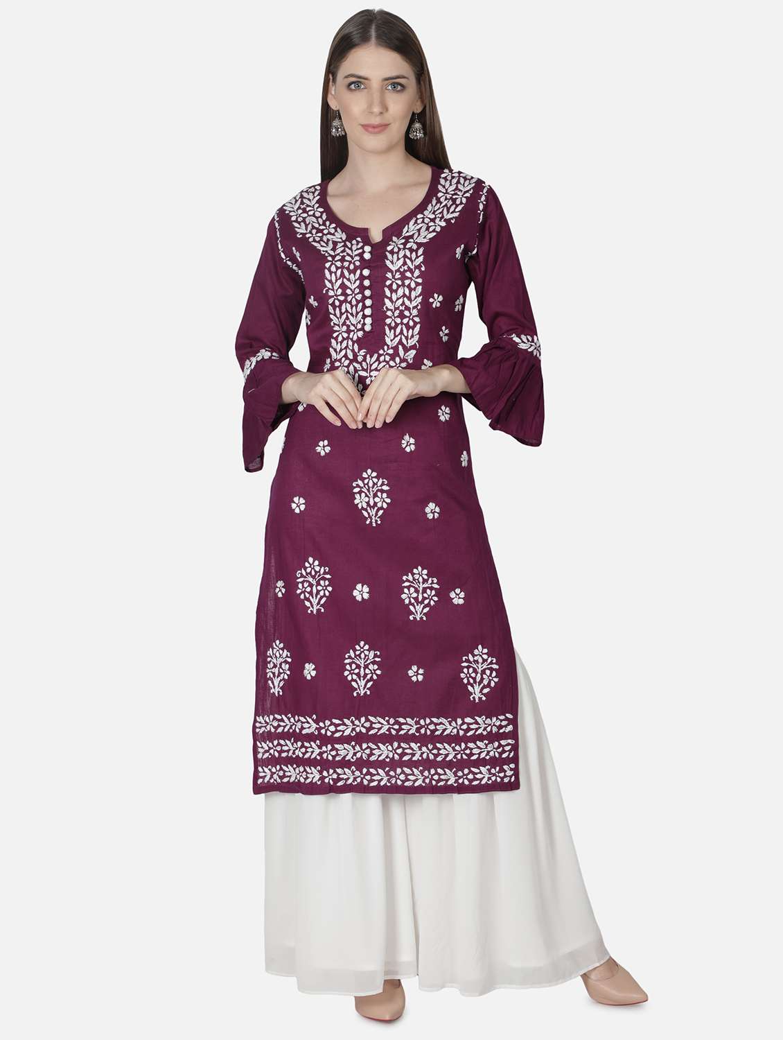 purple chikankari straight kurta