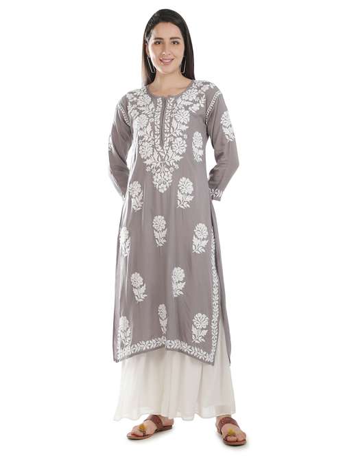 grey chikankari straight kurta - 18306968 - Standard Image - 0