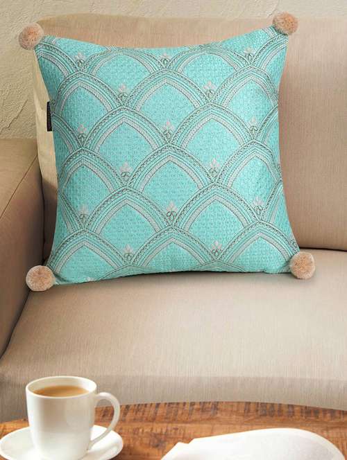 mezposh tribal sea green & coral ethnic motifs embroidered faux silk cushion cover (16"x16") - 18308577 -  Standard Image - 0