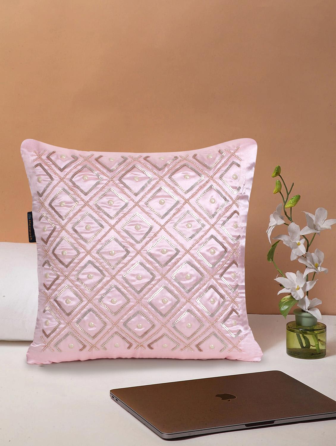 mezposh dazzle baby pink geometric embellished satin cushion cover (14"x14") - 18308590 - Zoom Image - 0
