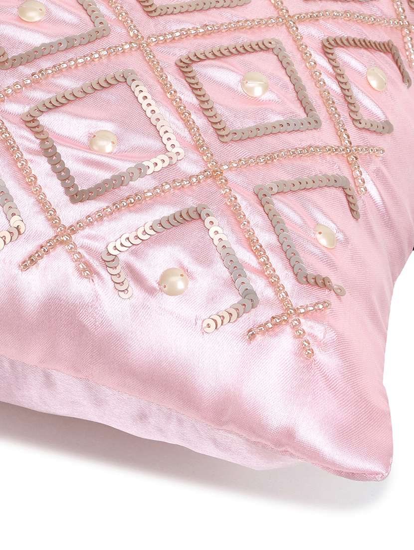 Mezposh Dazzle Baby Pink Geometric Embellished Satin Cushion Cover (14"X14")