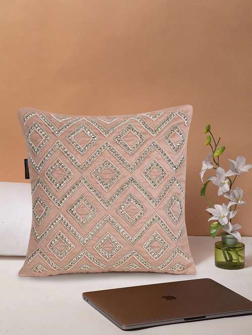 mezposh dazzle dusky pink & dull gold chevron embellished suede cushion cover (16"x16") - 18308591 -  Standard Image - 0