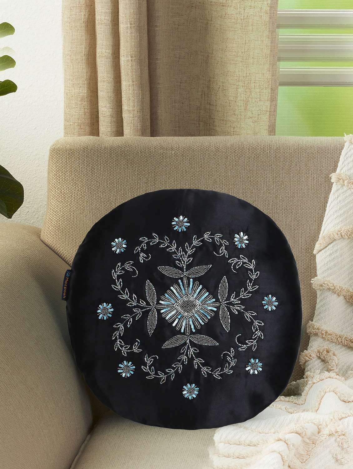 mezposh dazzle black & silver floral mandala embellished satin cushion cover (16")