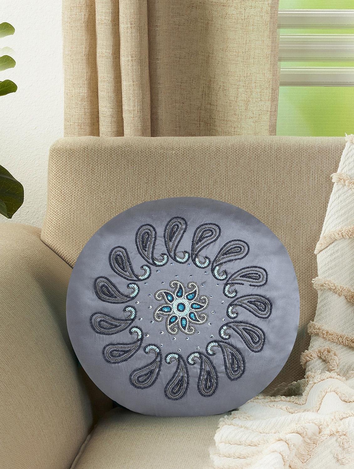mezposh dazzle grey & multi paisely mandala embellished satin cushion cover (16") - 18308595 - Zoom Image - 0