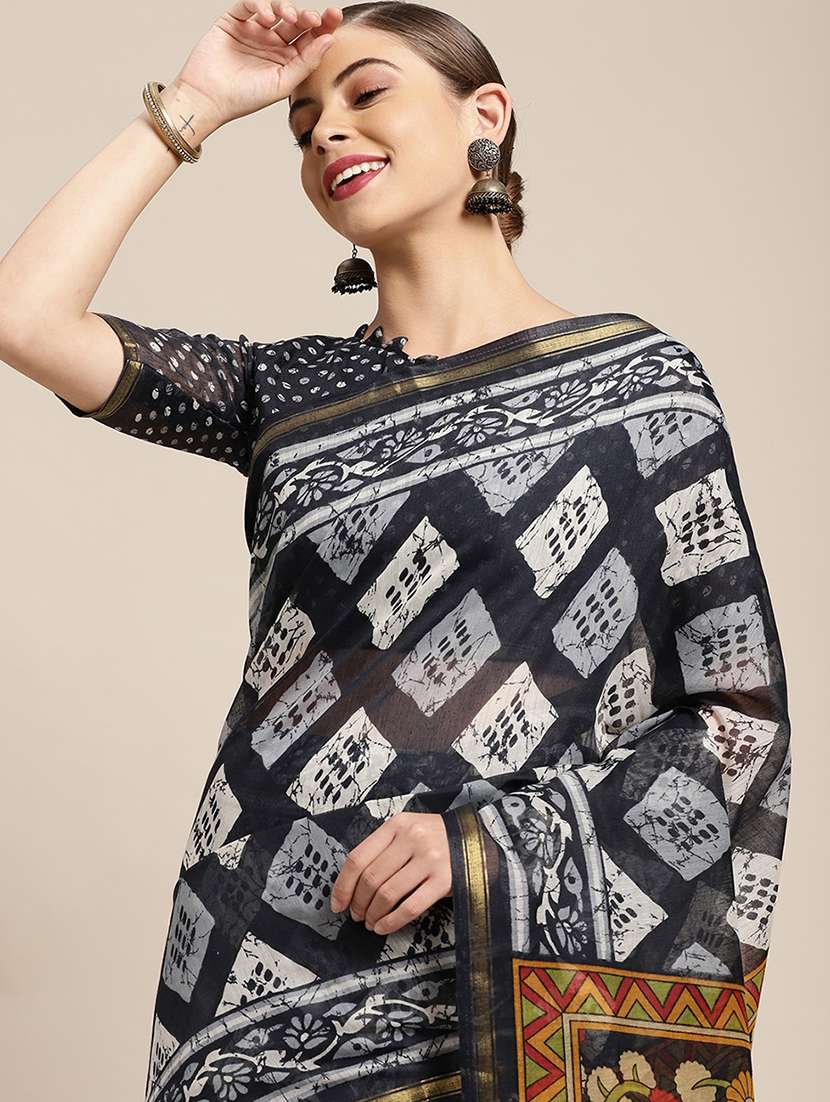 navy cotton blend printed saree - 18310348 -  Standard Image - 2