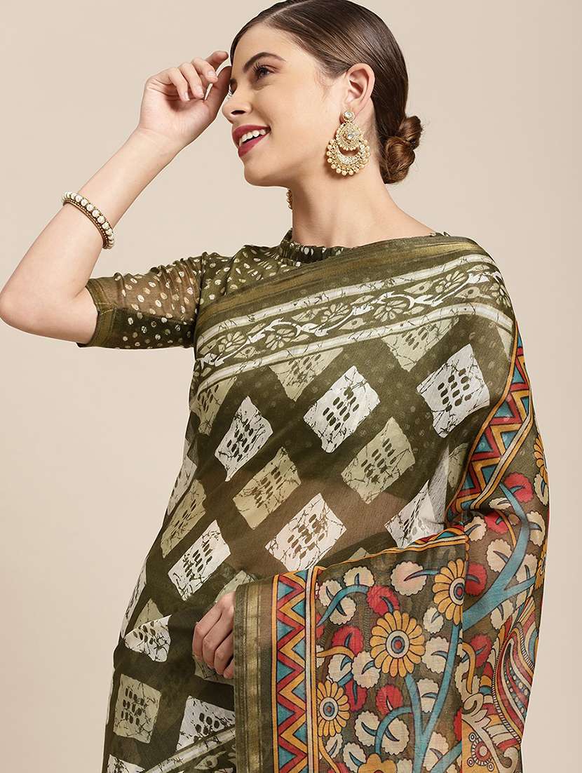 green cotton blend printed saree with blouse - 18310349 -  Standard Image - 2