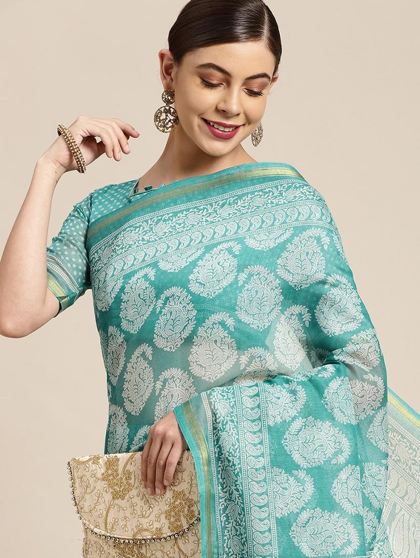turquoise cotton blend printed saree - 18310354 - Standard Image - 2