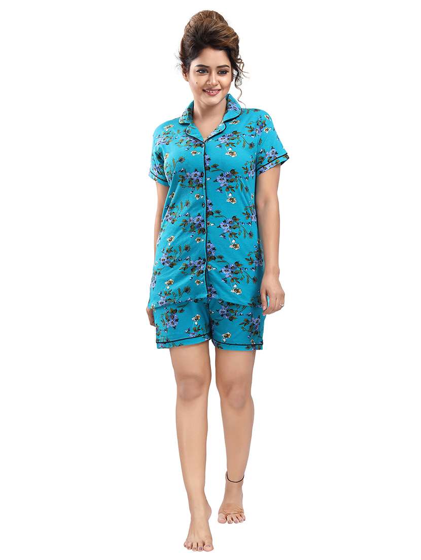 shirt collar printed nightwear shorts set 