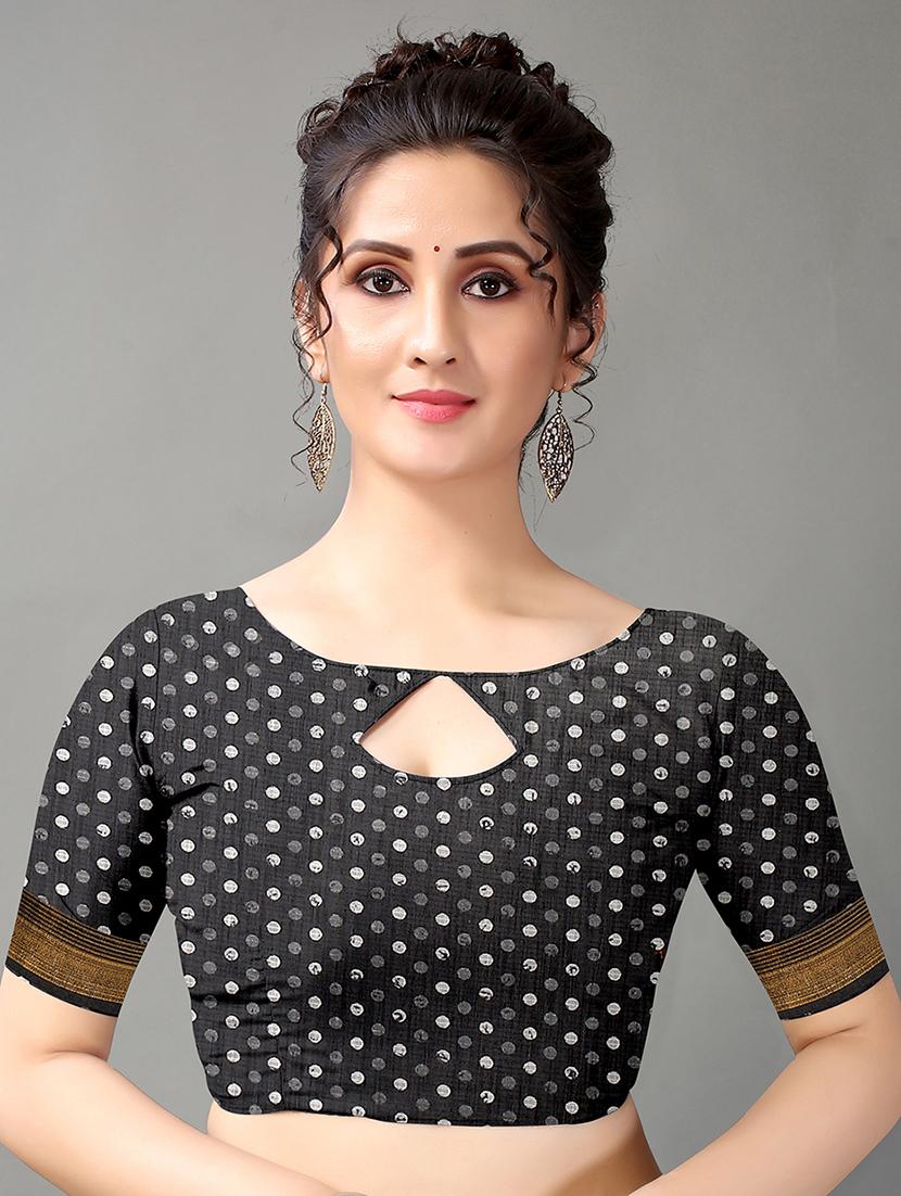 black cotton blend printed saree with blouse - 18312579 - Standard Image - 2