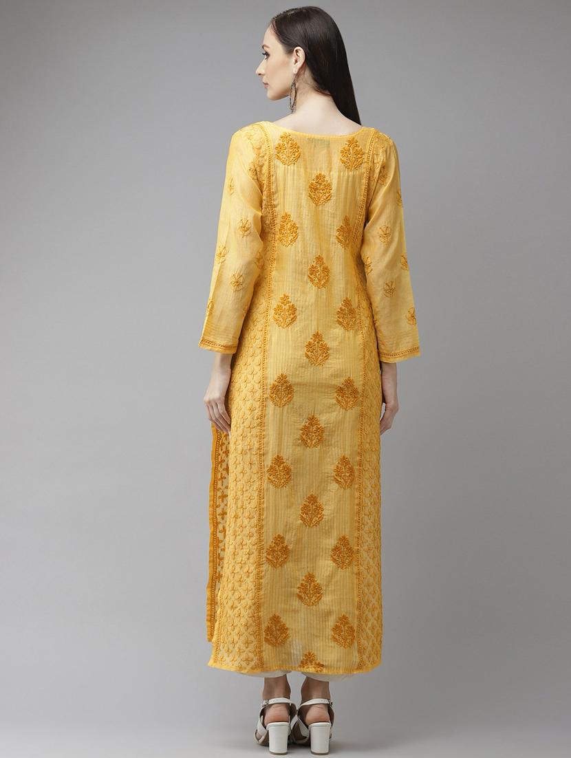 ada hand embroidered yellow chanderi lucknow chikankari kurta - 18313407 - Standard Image - 2