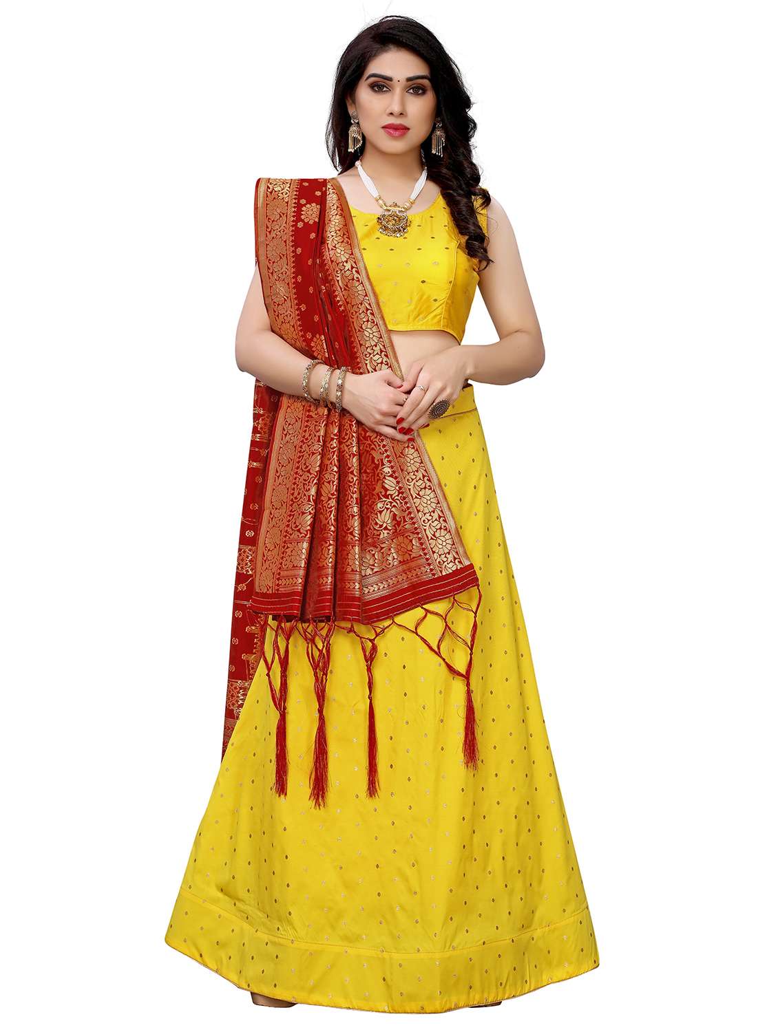 yellow banarasi flared lehenga