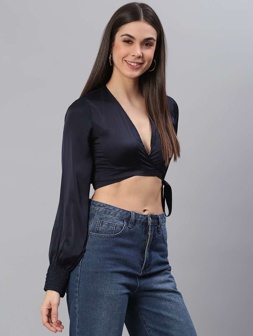 long sleeve solid crop top - 18314755 - Standard Image - 2