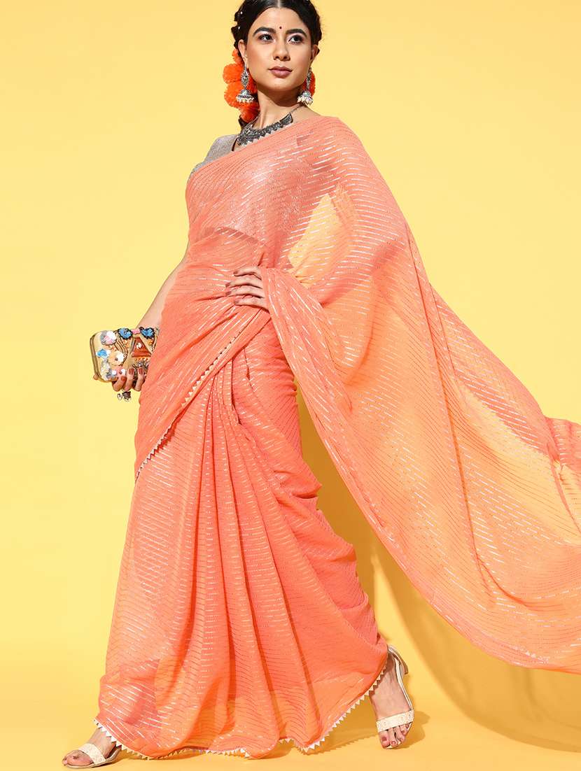 women's stripes orange colored saree with blouse