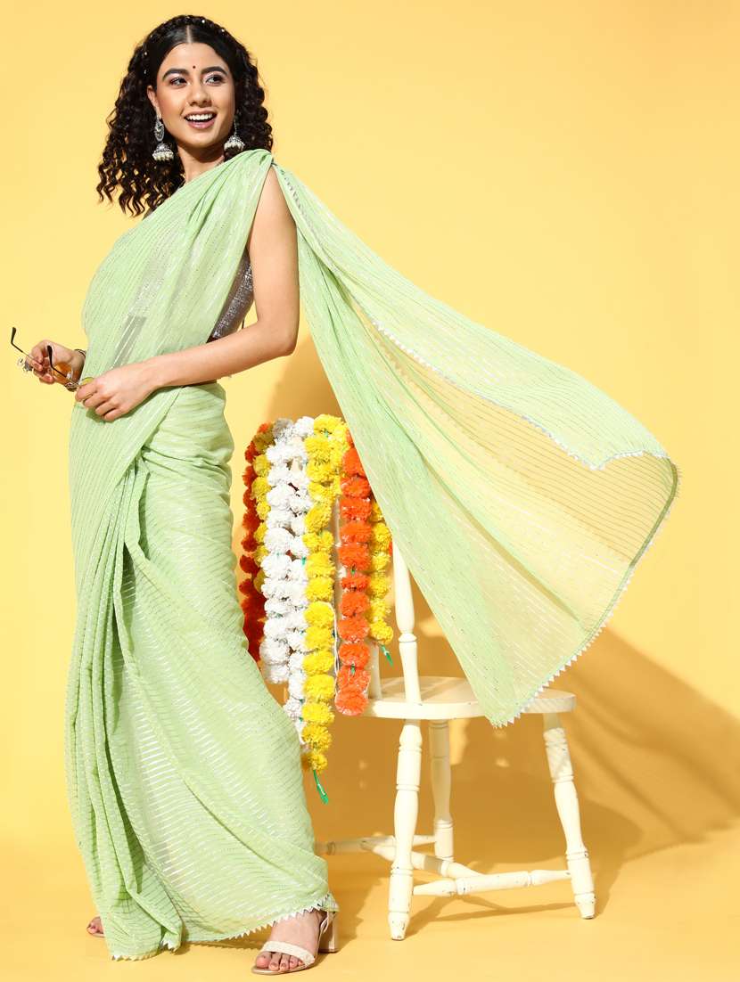 women's stripes green colored saree with blouse