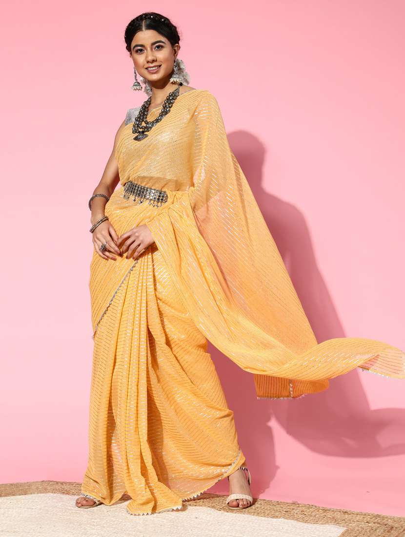 women's stripes yellow colored saree with blouse
