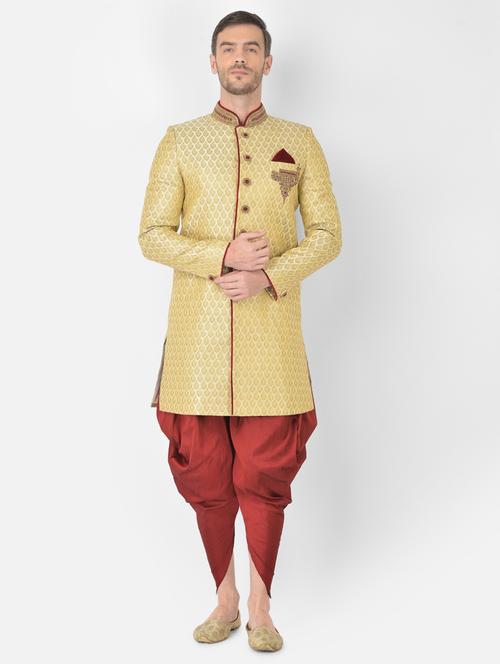 golden self-designed sherwani ethnic wear set - 18315491 - Standard Image - 0