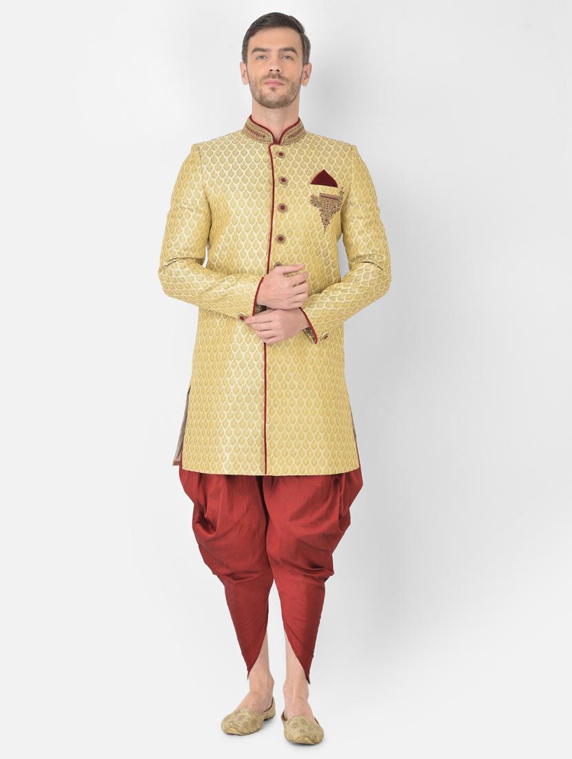 golden self-designed sherwani ethnic wear set - 18315491 - Zoom Image - 0