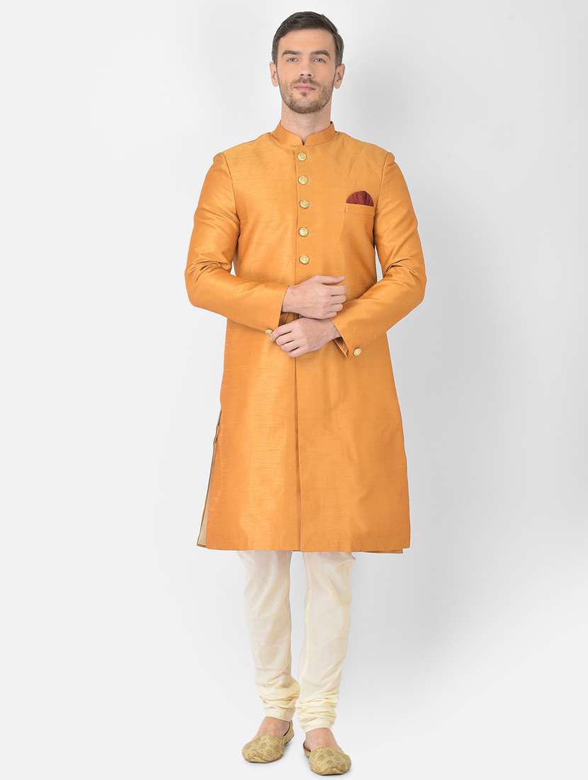 mustard solid sherwani ethnic wear set