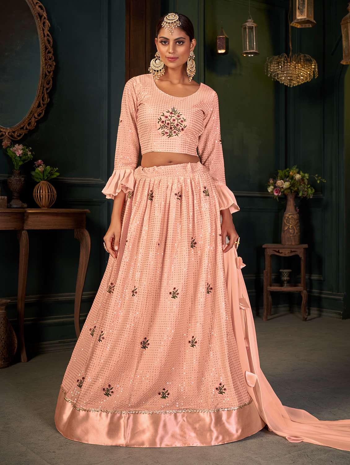 peach georgette flared lehenga