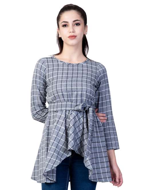 boat neck checked asymmetric top - 18318103 - Standard Image - 0