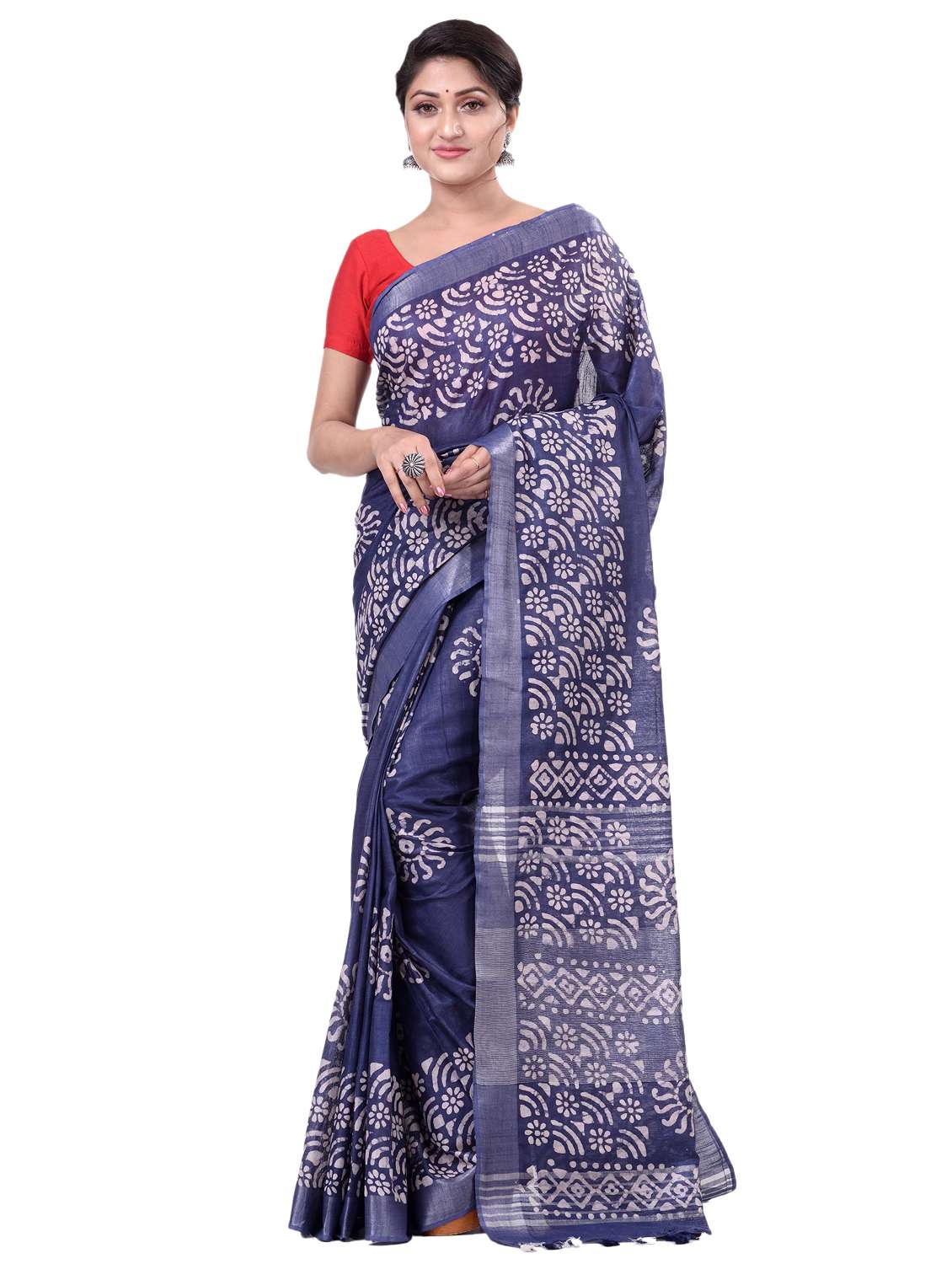 navy linen printed saree with blouse