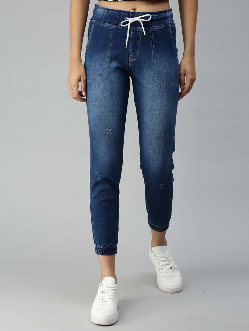 drawstring waist stone washed jean