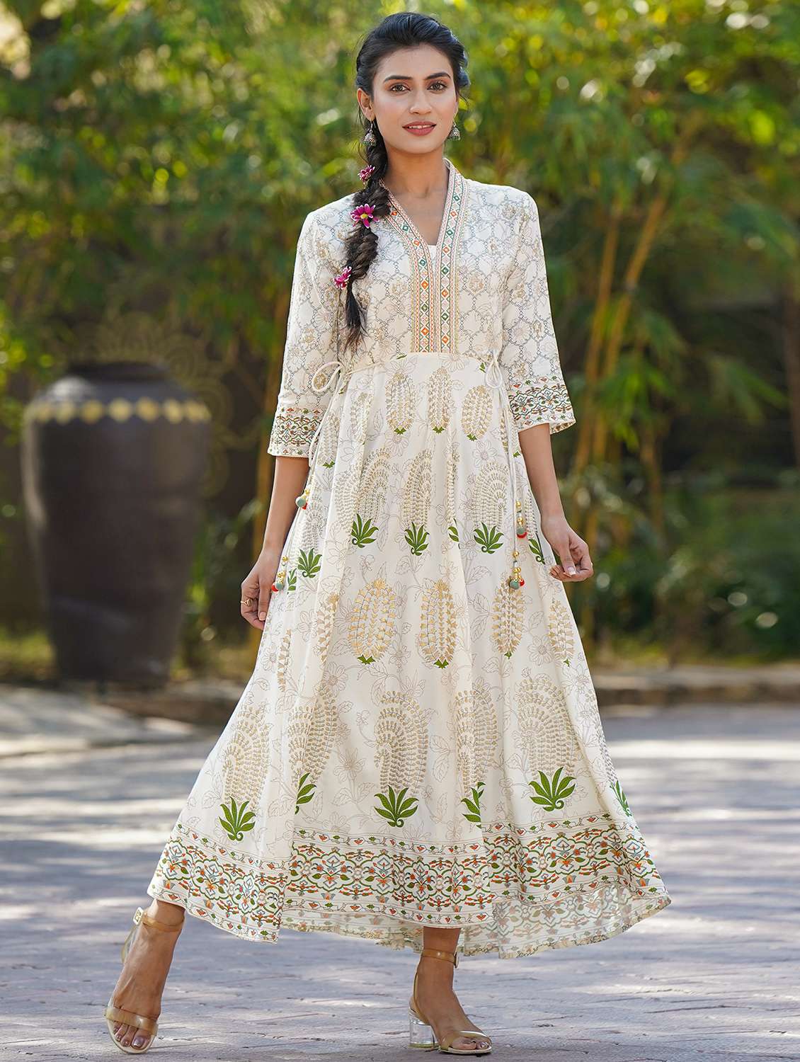 white rayon flared ethnic dress