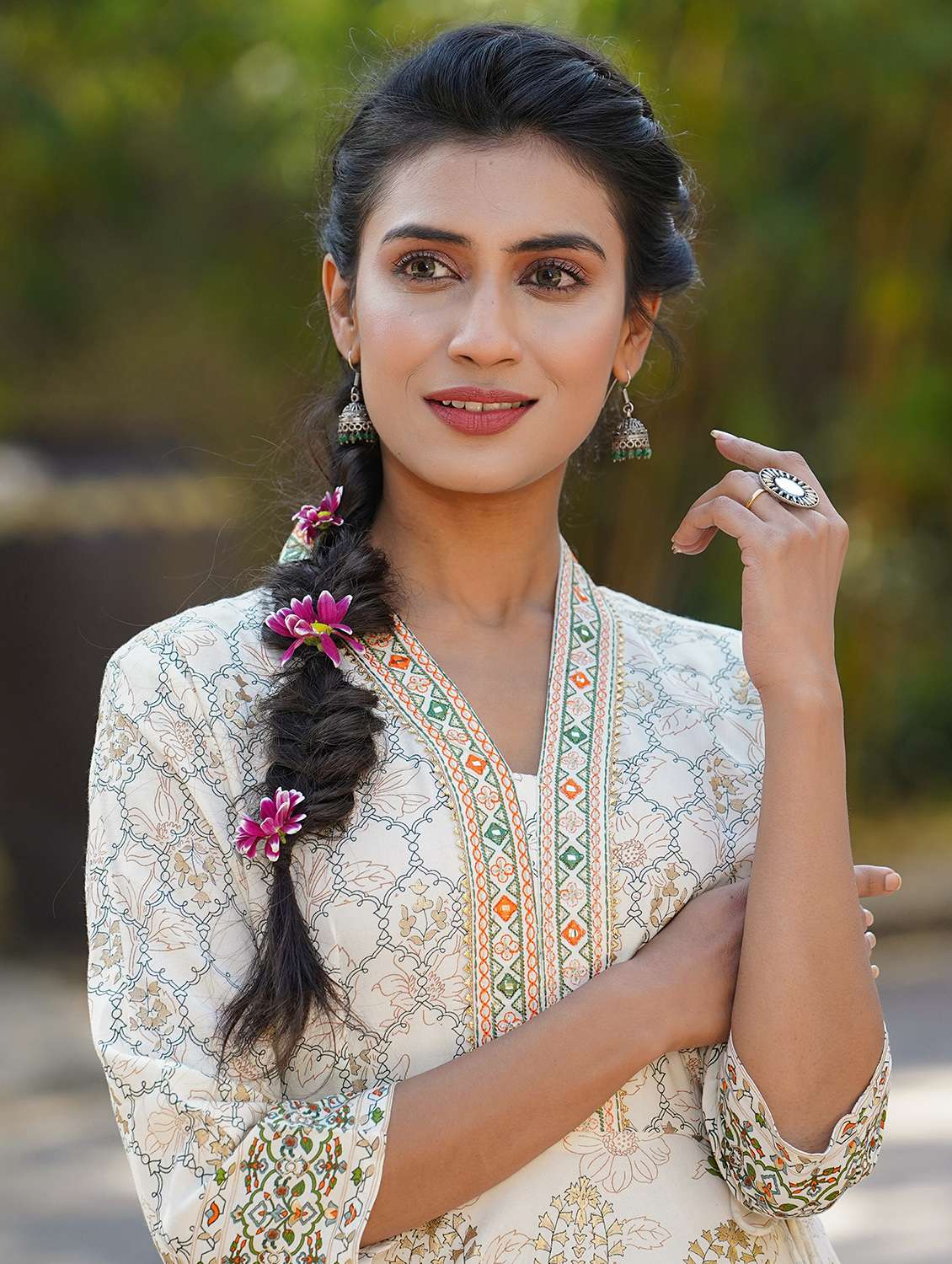 white rayon flared ethnic dress - 18321308 -  Standard Image - 2