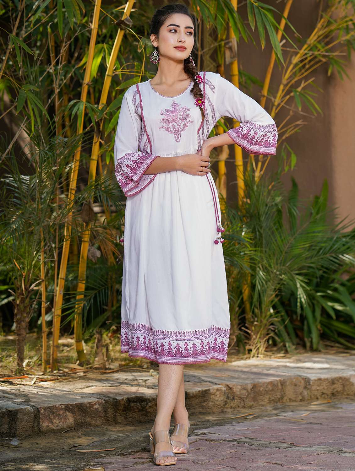 purple rayon flared ethnic dress