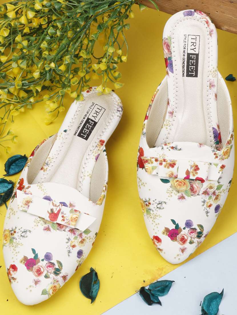 white floral print slip on mules