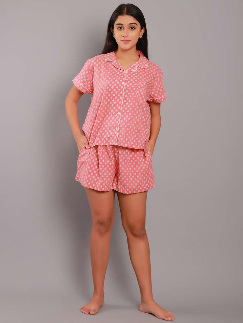 shirt collar printed nightwear shorts set 