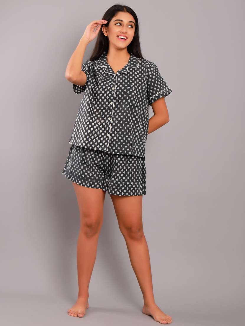 shirt collar printed nightwear shorts set 