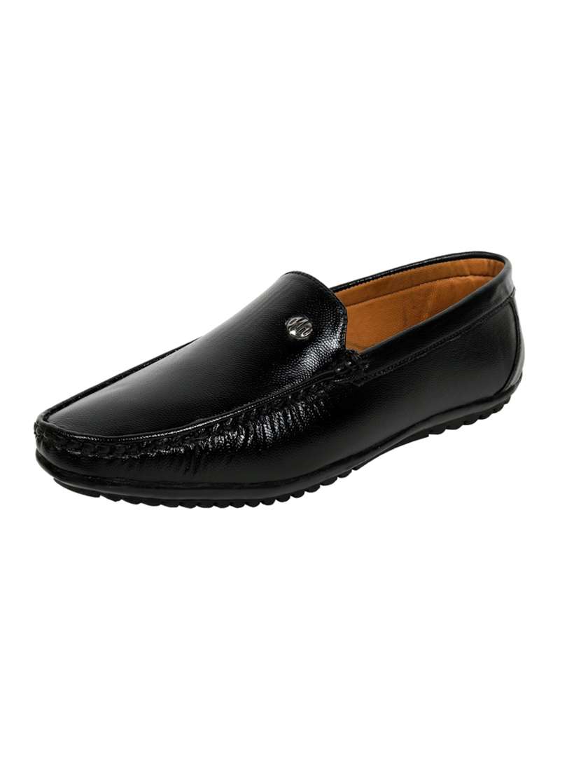 black synthetic slip on loafers