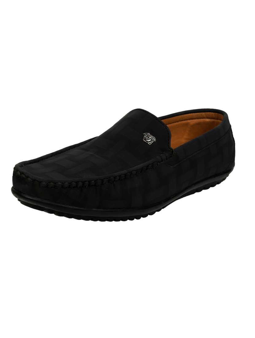 black synthetic slip on loafers