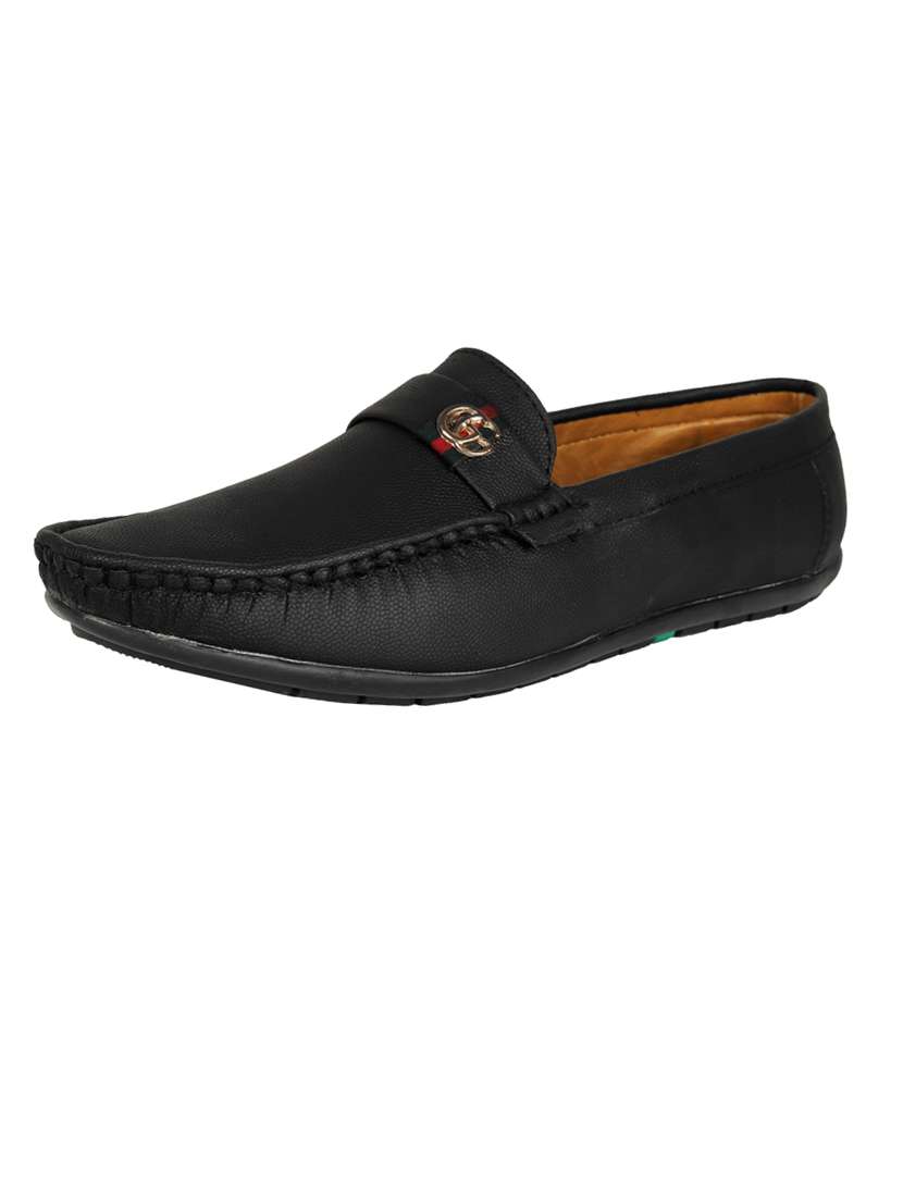 black synthetic slip on loafers
