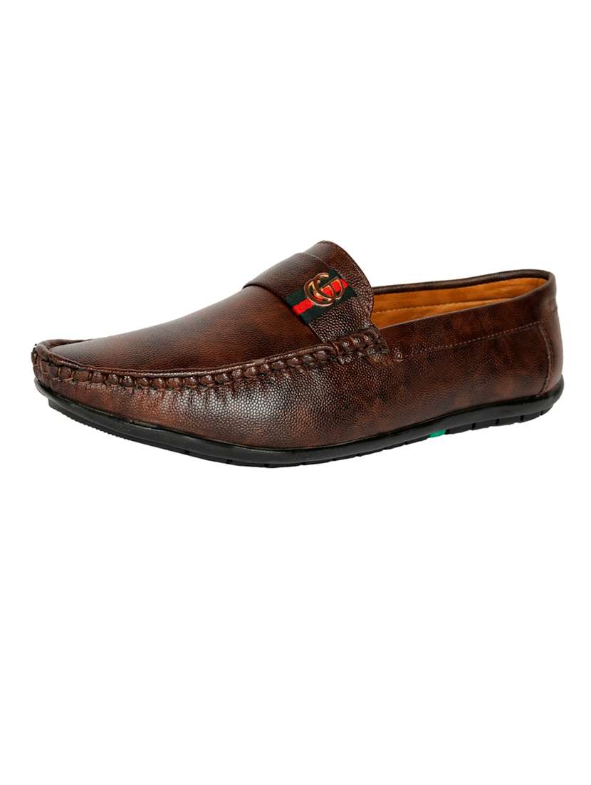 brown synthetic slip on loafers