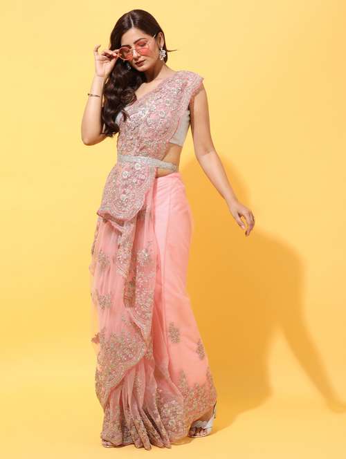 pink net embroidered saree with blouse - 18322897 -  Standard Image - 0