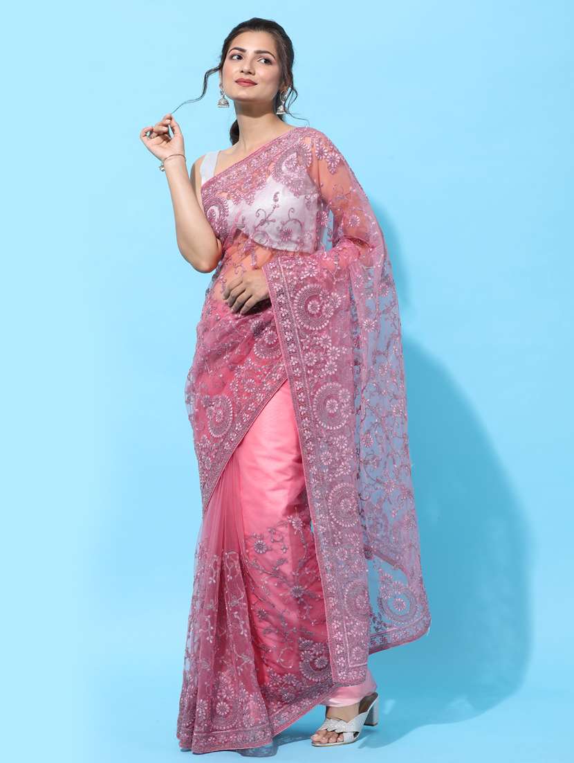 pink net embroidered saree with blouse