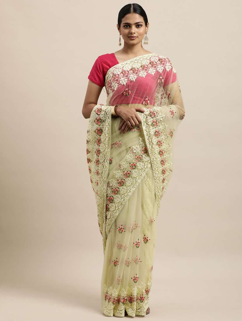 cream net embroidered saree with blouse