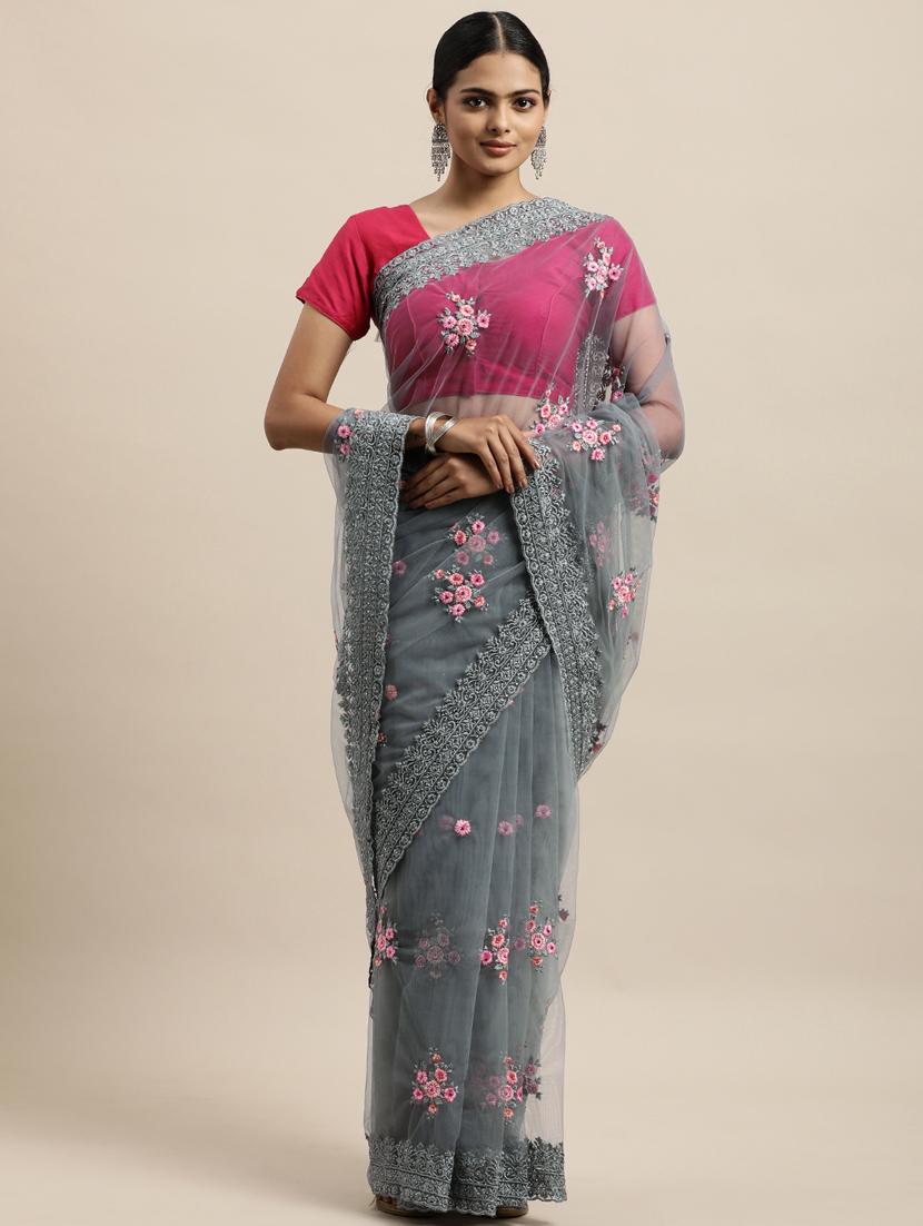 grey net embroidered saree with blouse - 18323147 - Zoom Image - 0